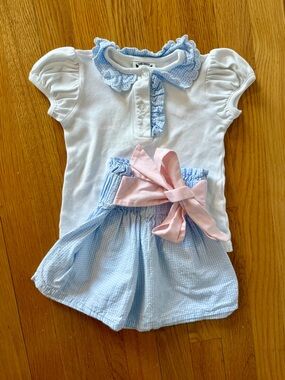 White & Light Blue Girls Matching Set with Pink Bow